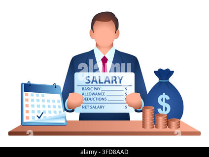 Illustration moderne d'affaires de salaire des employés, bulletin de paie, calendrier, sac d'argent et pièces de monnaie pour les concepts de paie, des ressources humaines, des finances et du jour de paie. Illustration de Vecteur