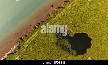 Vue aérienne de haut en bas des étangs de zones humides et des motifs de berges où les basses terres de Flói rencontrent la rivière Ölfusá dans le sud de l'Islande Banque D'Images