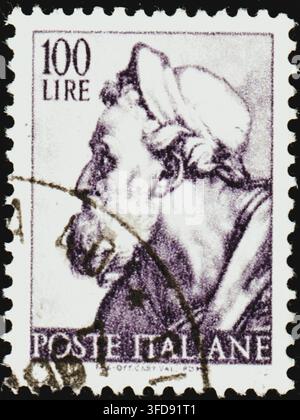 Timbre postal italien de 1961, 100 Lires, représentant un détail de la Chapelle Sixtine de Michel-Ange, série Michelangiolesca, vintage définitif, Poste Italiane Banque D'Images