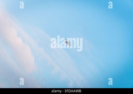 Prise de vue à faible angle d'un drone quadricoptère planant et volant dans le ciel bleu clair parsemé de légères nuages sous une lumière matinale vive. Banque D'Images