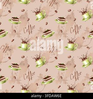 Motif sans couture de café et desserts sur un fond crème. Un motif adapté aux textiles de cuisine, aux emballages et à la conception de menus, ainsi qu'aux cafés ou Banque D'Images