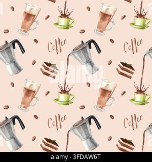 Motif café sans couture sur fond crème. Motif aquarellé pour textiles de cuisine, emballages, marques de café et menus. Banque D'Images