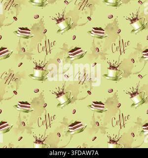 Motif sans couture de café et desserts sur un fond couleur pistache. Un motif adapté pour les textiles de cuisine, les emballages et la conception de menus, et Banque D'Images