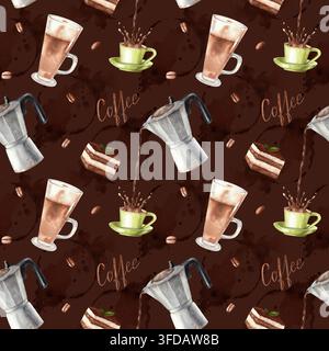 Motif café sans couture sur un fond chocolat noir. Motif aquarelle pour les textiles de cuisine, les emballages, le branding de cafés et les menus. Banque D'Images