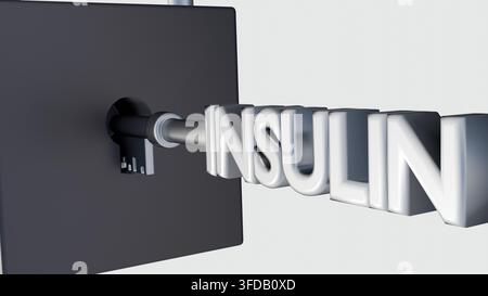 Une clé 3D « INSULINE » déverrouillant un cadenas. Une métaphore pour l'activation des récepteurs cellulaires, l'absorption métabolique et la science du diabète. Banque D'Images