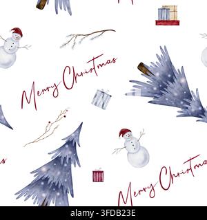 Motif sans couture de Noël avec des pins bleus, un bonhomme de neige avec des chapeaux rouges, des cadeaux et une calligraphie "Joyeux Noël". Ornement répété dessiné à la main Banque D'Images