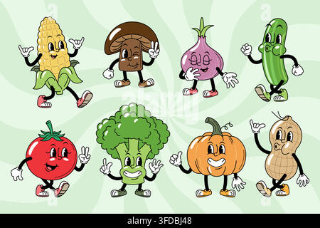 Ensemble de personnages de dessin animé rétro en tuyau en caoutchouc végétal, comprenant un maïs marchant, un champignon, un oignon, un concombre, une tomate, un brocoli, une citrouille et un cacahuète sur un gr Illustration de Vecteur