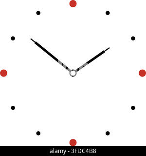 Icône d'horloge analogique minimale avec des aiguilles d'heures et de minutes noires et des points d'accent rouge. Symbole de temps moderne et simple avec des marqueurs d'heures circulaires pour application, site web Illustration de Vecteur