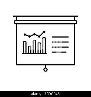 Icône d'écran de présentation en art linéaire minimaliste affichant un graphique combiné à barres et à lignes avec texte de données pour l'analyse commerciale Illustration de Vecteur