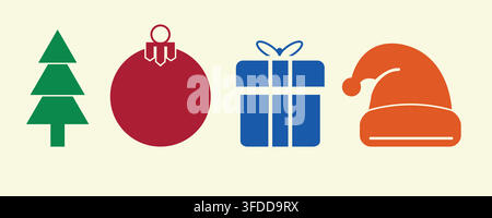 Ensemble d'icônes plates minimalistes pour Noël comprenant un arbre, une boule de Noël, une boîte cadeau et un chapeau du Père Noël Illustration de Vecteur