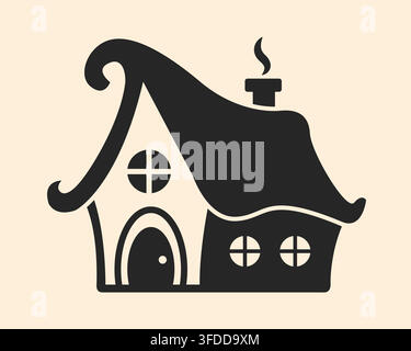 Illustration vectorielle de silhouette de cottage féerique fantaisiste avec un toit incurvé, une cheminée fumante et un design de maison douillette de livre de contes Illustration de Vecteur