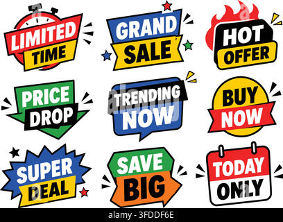 Étiquettes de marketing de détail de style bande dessinée colorées avec des phrases promotionnelles de grande vente pour une durée limitée et des super offres. Illustration de Vecteur