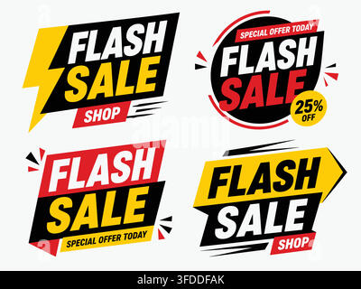 Ensemble de badges de vente flash créatif avec des icônes en forme d’éclair et des formes géométriques pour les événements promotionnels de vente au détail. Illustration de Vecteur