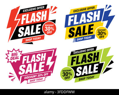 Badges de réduction pour vente flash en couleurs vives rouge, bleu, jaune et vert pour les publicités promotionnelles de marketing de détail. Illustration de Vecteur