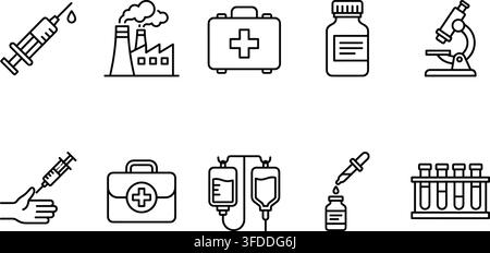 Icônes de contour d'équipement médical mettant en vedette des seringues, des hôpitaux, des outils de laboratoire et des dispositifs de diagnostic de recherche. Illustration de Vecteur