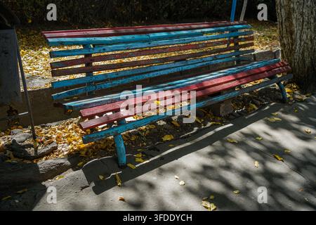 Un banc de parc en bois patiné présente des lattes peintes alternativement en rouge et bleu fanés, avec une grande partie de la peinture écaillée, révélant le bois naturel Banque D'Images