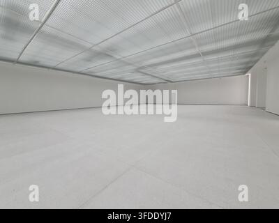 Une pièce intérieure spacieuse et vide avec des murs blancs et un sol gris clair composé de grandes dalles ou de béton poli. Le plafond est composé d'une grille Banque D'Images