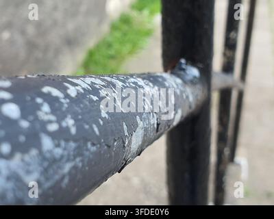 Photographie macro en gros plan d'une barrière ou d'un garde-corps en métal noir usé présentant une détérioration et un écaillage de peinture significatifs. La barre métallique horizontale Banque D'Images