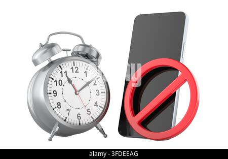 Restriction de smartphone avec réveil et signe de prohibition, concept de détox numérique. Rendu 3D isolé sur fond blanc Banque D'Images