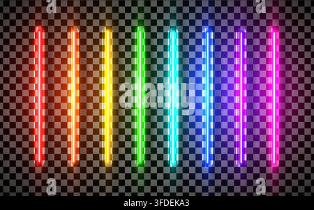 Pack de lumière néon LED tubulaire vertical réaliste arc-en-ciel isolé. Effet laser lignes droites. Faisceau laser LED halogène fluorescente diode. Illustration vectorielle Illustration de Vecteur