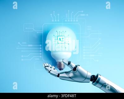 Main robotique présente une ampoule IA entourée de circuits numériques sur fond bleu. Développement de produit, automatisation créative, innovation technologique Banque D'Images