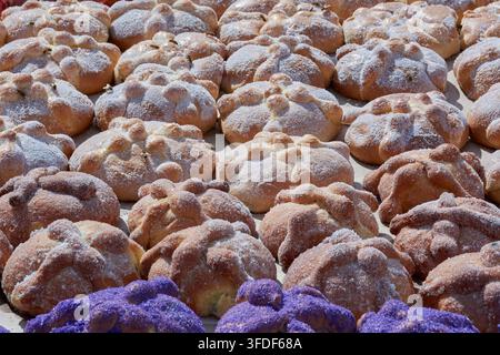 Pain traditionnel mexicain pan de muerto saupoudré de sucre blanc pour la célébration du Jour des Morts Banque D'Images