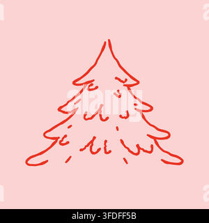 Illustration vectorielle minimaliste d'un sapin de Noël rouge en ligne sur fond rose plat Illustration de Vecteur