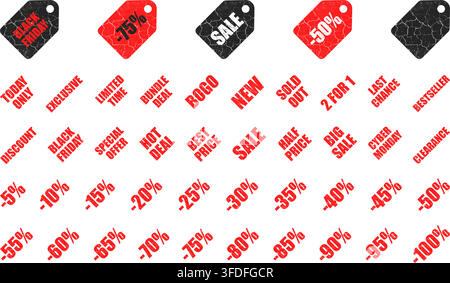 Collection d'étiquettes de vente du Black Friday avec pourcentages de réduction, étiquettes de prix, autocollants de texte promotionnel, texture grunge usée, couleurs rouge et noir Illustration de Vecteur