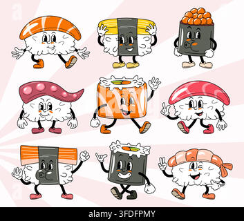 Ensemble de personnages de dessin animé en tuyau en caoutchouc rétro sushis japonais, comprenant du saumon nigiri marchant, du tamago, de l'ikura gunkan, du sushi poulpe, une rouleau maki, du thon, du crabe s Illustration de Vecteur
