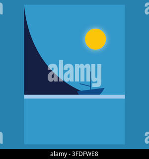 Illustration vectorielle minimaliste d'un voilier sur l'océan sous un soleil jaune vif Illustration de Vecteur
