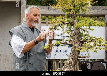 30.08.2026. Düsseldorf. Le fondateur Werner M. Busch explique l'entretien des arbres lors de la fête d'été au musée Bonsai de Düsseldorf. Banque D'Images
