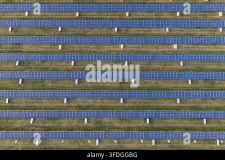 Vue aérienne de rangées de panneaux solaires installés dans un champ vert, mettant en valeur l'infrastructure énergétique durable au Royaume-Uni. Banque D'Images