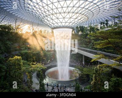 Jardins intérieurs et cascade du Jewel Changi Airport au coucher du soleil dans une ambiance atmosphérique. Le bâtiment a été conçu par Moshe Safdie. Banque D'Images