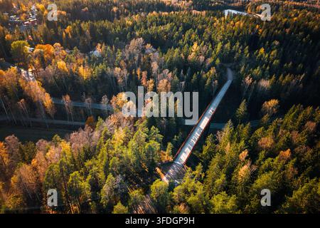Vue aérienne d'un long pont piétonnier traversant une forêt dense d'automne avec des arbres dorés et verts à Sipoo, Uusimaa, en Finlande. Banque D'Images