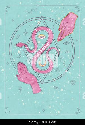 Modèle de carte ésotérique dessiné à la main avec espace de copie en couleur pastel. Serpent rose mystique aquarellé, mains, géométrie sacrée. Fond turquoise. Boho Banque D'Images