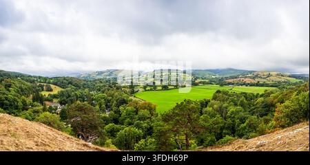 Photographie panoramique étendue du paysage des vallées verdoyantes, des collines ondulantes et des forêts denses du Loggerheads Country Park au Pays de Galles, sous un dr Banque D'Images