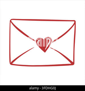 Une lettre d'amour et un tampon en forme de cœur. Une enveloppe scellée avec un message d'amour. Une salutation et une déclaration d'amour pour la Saint-Valentin. Illustration linéaire à l'encre dans un style coquin. Clipart vectoriel. Illustration de Vecteur