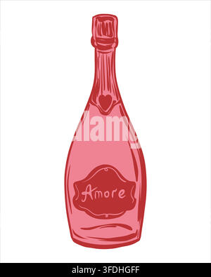 Illustration vectorielle d'une bouteille de champagne rose. Cadeau pour la Saint-Valentin, les fiançailles ou un mariage. Illustration festive de vin pétillant. Une boisson pour célébrer un événement spécial ou une fête. Style coquette Illustration de Vecteur