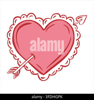 Cœur rose vectorisé transpercé par la flèche d'Amour. Un symbole d'amour et de fidélité. Clipart pour la Saint-Valentin et les mariages. Dessin au trait. Croquis à l'encre. Style coquette. Illustration de Vecteur