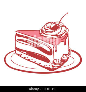 Une part de gâteau aux fruits rouges avec des cerises dans une assiette. Une portion de dessert sucré avec une garniture de fraises et des tourbillons crémeux. Croquis vectoriel d’un cheesecake. Style coquette. Une friandise pour une fête d’anniversaire Illustration de Vecteur