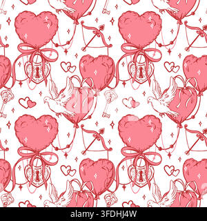 Fond de mariage vectoriel. Motif sans couture de style Coquette. Un cœur, un cadenas avec flèche de Cupidon et symbole de clé d’amour. Ballons à hélium pour la romance. Croquis en ligne. Cliparts pour les mariages de la Saint-Valentin. Illustration de Vecteur