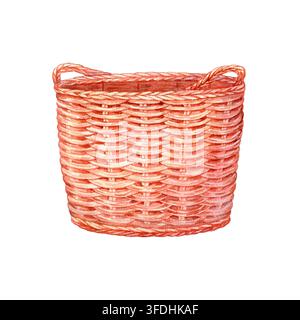 Illustration isolée d'aquarelle de panier en osier vide. Clipart de panier en bois dessiné à la main pour la récolte d'automne, Thanksgiving, pique-nique, rangement d'intérieur Banque D'Images