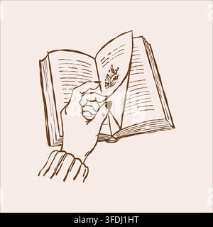 Main de fille feuilletant un livre. Croquis vintage sur le thème des livres, de l'apprentissage et de la lecture. Club de lecture féminin. Illustration de croquis en ligne vectorielle. Amateurs de livres Illustration de Vecteur