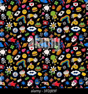 Motif autocollant sans couture avec nourriture en style BD et gribouillis pop art Illustration de Vecteur