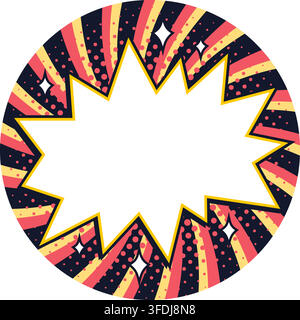 Autocollant de style BD circulaire avec une boîte de texte en forme d'étoile irrégulière et des points d'half-tone sur des rayons radiaux bleu marine, rose et jaune. Autocollant de BD avec des accents d'étincelles. Idéal Illustration de Vecteur
