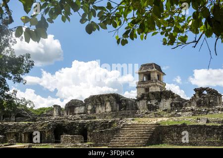Vue des ruines mayas anciennes de Palenque avec des temples et structures en pierre entourés d'une végétation luxuriante sous un ciel bleu éclatant à Palenque, Chiapas Banque D'Images