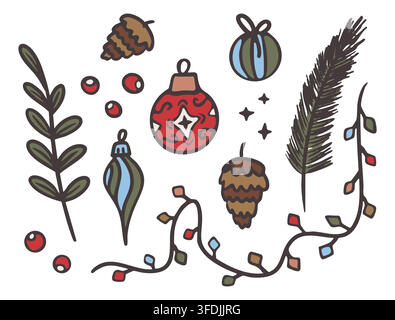 Ensemble d'ornements de Noël illustration vectorielle. Boules de fête vintage avec branche de pin et guirlande Illustration de Vecteur