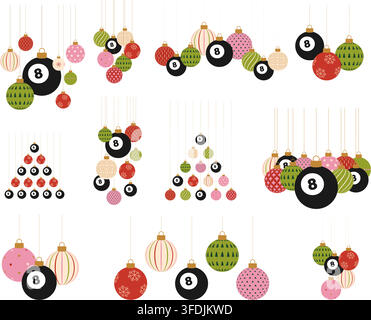 Ornements de vacances créatifs mettant en vedette des boules de billard 8, des motifs de Noël et des textures uniques dans une collection vectorielle plate.. Illustration de Vecteur