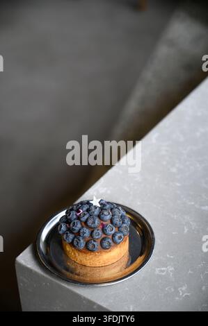 Tarte aux myrtilles garnie de myrtilles entières et d'une garniture crémeuse Banque D'Images