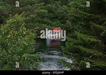 Petit chantier naval érodé avec un toit en métal rouillé situé sur l'eau sombre, encadré par une forêt dense de conifères et de feuillus. Norvège. Banque D'Images